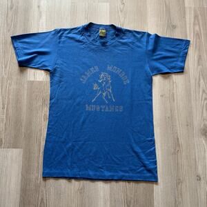 Men's Vintage 80's Jerzees James Monroe Mustangs Blue Silver Tee Shirt Sz Medium
